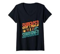 Donna Shipfaced & Sunburned Divertente Crociera Bere Maglietta con Collo a V