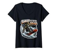 Donna Shred Till You're Dead Scheletro Snowboard Citazione Snowboard Maglietta con Collo a V