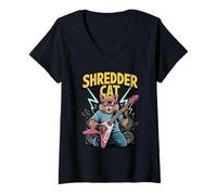 Donna Shredder Cat che suona la chitarra con sfumature fulmini Maglietta con Collo a V