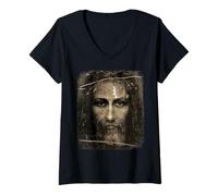 Donna Shroud of Torino Jesus Holy Face Vintage Maglietta con Collo a V