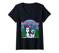 Donna Siberian Husky Dog Merry Christmas Santa Hat Funny Xmas Maglietta con Collo a V