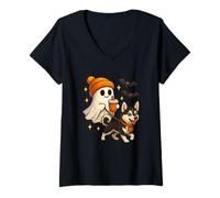 Donna Siberian Husky Halloween Ghost Walking Husky Dog Maglietta con Collo a V