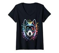 Donna Siberian Husky Occhiali Sci Snowboard Grafica Maglietta con Collo a V