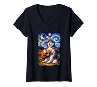 Donna Siberian Husky Playing Guitar Whimsical Art Music Camping Maglietta con Collo a V