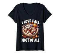 Donna Siberian Husky Puppy I Love Fall Most of all for Husky Lover Maglietta con Collo a V