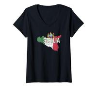 Donna Sicilia Bandiera Italia Retro Regione Mappa Vintage Souvenir Maglietta con Collo a V