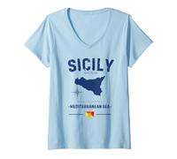 Donna Sicilia Isola Italiana Mar Mediterraneo Mappa GPS Italia Falg Maglietta con Collo a V