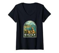 Donna Sicilia Italia Viaggi Art Emblema Vintage Maglietta con Collo a V