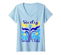 Donna Sicilia Social Club Mediterraneo Astratto Boho Fiori Maglietta con Collo a V