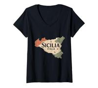 Donna Siciliani Italiani Italia Sicilia Mappa Palermo Italia Sicilia Maglietta con Collo a V