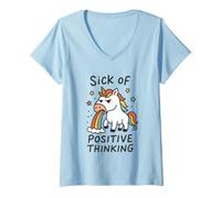 Donna Sick of Positive Thinking Unicorn Maglietta con Collo a V