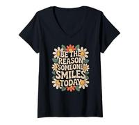 Donna Sii la Ragione per Cui Qualcuno sorride Groovy Daisy Flower Retro Maglietta con Collo a V