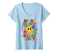Donna Sii la Ragione per Cui Qualcuno sorride Oggi Faccia Felice Colorata retrò Maglietta con Collo a V