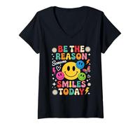Donna Sii la Ragione per Cui Qualcuno sorride Oggi Faccia Felice Colorata retrò Maglietta con Collo a V