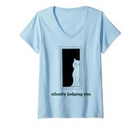 Donna Silently Judging You Funny White Cats Sarcastico Donne Ragazze Maglietta con Collo a V
