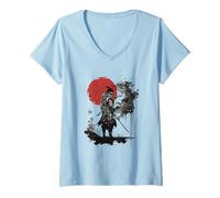 Donna Silhouette di Samurai Epico Contro Sole Rosso Maglietta con Collo a V