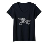 Donna Silhouette Minimalista del Drago Scarabocchio Maglietta con Collo a V