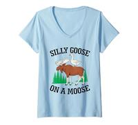 Donna Silly Goose On A Moose Meme Divertente Fauna Selvatica Amante Animali Maglietta con Collo a V