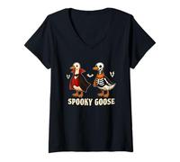 Donna Silly Spooky Goose Halloween Funny Goose Skeleton Vampire Maglietta con Collo a V