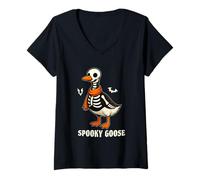 Donna Silly Spooky Goose Halloween Funny Silly Goose Skeleton Fall Maglietta con Collo a V