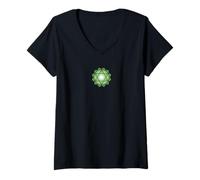 Donna Simbolo Chakra del Cuore, Design Geometrico con Mandala Verde Maglietta con Collo a V
