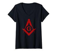 Donna SIMBOLO MASONIC SQUARE E BUSSOLA MASONICA ROSSO Maglietta con Collo a V