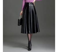 Donna Similpelle a-Line Gonna Midi Pattinatrice Rétro Ragazza PU Bottoni Moda