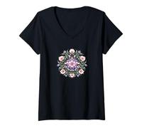 Donna Simmetria Floreale Mandala Acquerello Boho Fiore Maglietta con Collo a V