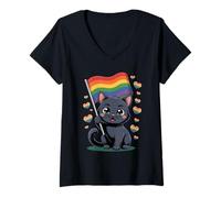 Donna Simpatica bandiera con gatto nero - LGBTQ divertente design kawaii Maglietta con Collo a V