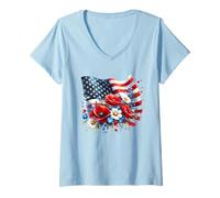 Donna Simpatica camicia con grafica floreale con bandiera USA American 4 July Flowers Maglietta con Collo a V
