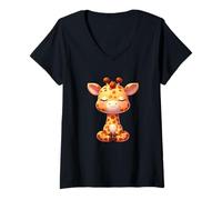 Donna Simpatica giraffa in stile cartone animato, meditazione, yoga Maglietta con Collo a V