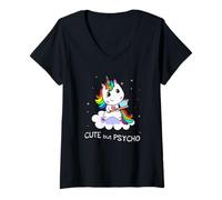 Donna Simpatica ma Psicopatica Graphic Novity Rainbow Unicorn Humour Maglietta con Collo a V