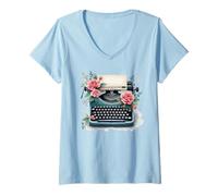 Donna Simpatica Macchina da Scrivere Floreale, per scrittori e autori di Libri Maglietta con Collo a V
