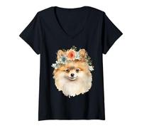 Donna Simpatica maglietta unisex con design a forma di pomerania con corona di fiori Maglietta con Collo a V