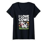 Donna Simpatica opera d'arte con animali da fattoria I Love Cows Maglietta con Collo a V