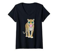 Donna Simpatica Pantera con Occhiali a Forma di Cuore in Gomma da Masticare Sassy Animal Art Maglietta con Collo a V