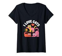 Donna Simpatici Baffi in Filato «I Love Cats» a Forma di Cuore Maglietta con Collo a V