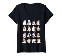 Donna Simpatici Fantasmi con Animali Domestici e Accessori Autunnali Divertente Halloween Maglietta con Collo a V