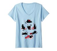 Donna Simpatici Gatti Neri giocosi Gattini | San Valentino Stravagante Maglietta con Collo a V