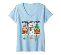 Donna Simpatici gnomi Merry Xmas Family Snowman Natale Corrispondenza Maglietta con Collo a V