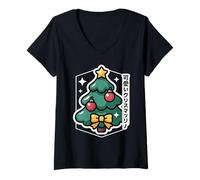 Donna Simpatico Albero di Natale Giapponese - Kawaii Holiday Vibes Maglietta con Collo a V