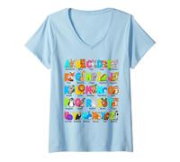Donna Simpatico Animale Alfabeto A, B, C Lettere Bambini apprendimento Design Maglietta con Collo a V