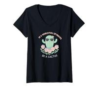 Donna Simpatico Cactus Kawaii con Viole del Pensiero Divertente pianta Maglietta con Collo a V