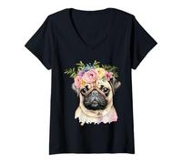 Donna Simpatico cane carlino con corona di fiori divertente unisex design tee Maglietta con Collo a V