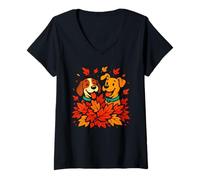 Donna Simpatico Cane Che Gioca in Autunno Foglie Autunnali Cucciolo Design Maglietta con Collo a V