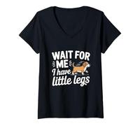 Donna Simpatico Cane con Gambe Corte e Scritta in Inglese Wait for Me I Have Little Legs Maglietta con Collo a V