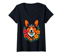 Donna Simpatico cane Corgi con fiori floreale Proprietario di animali domestici Primavera Estate Maglietta con Collo a V