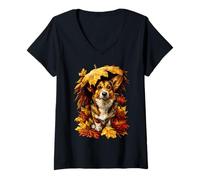 Donna Simpatico Cane Corgi con Foglie Autunnali Ombrello Autunno estetica Maglietta con Collo a V