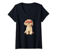 Donna Simpatico cane e divertente cuore occhiali da sole Outfit Maglietta con Collo a V