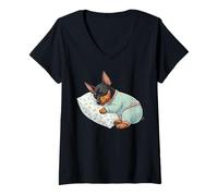 Donna Simpatico Cane Pinscher in Miniatura Che Dorme in Pigiama Maglietta con Collo a V
